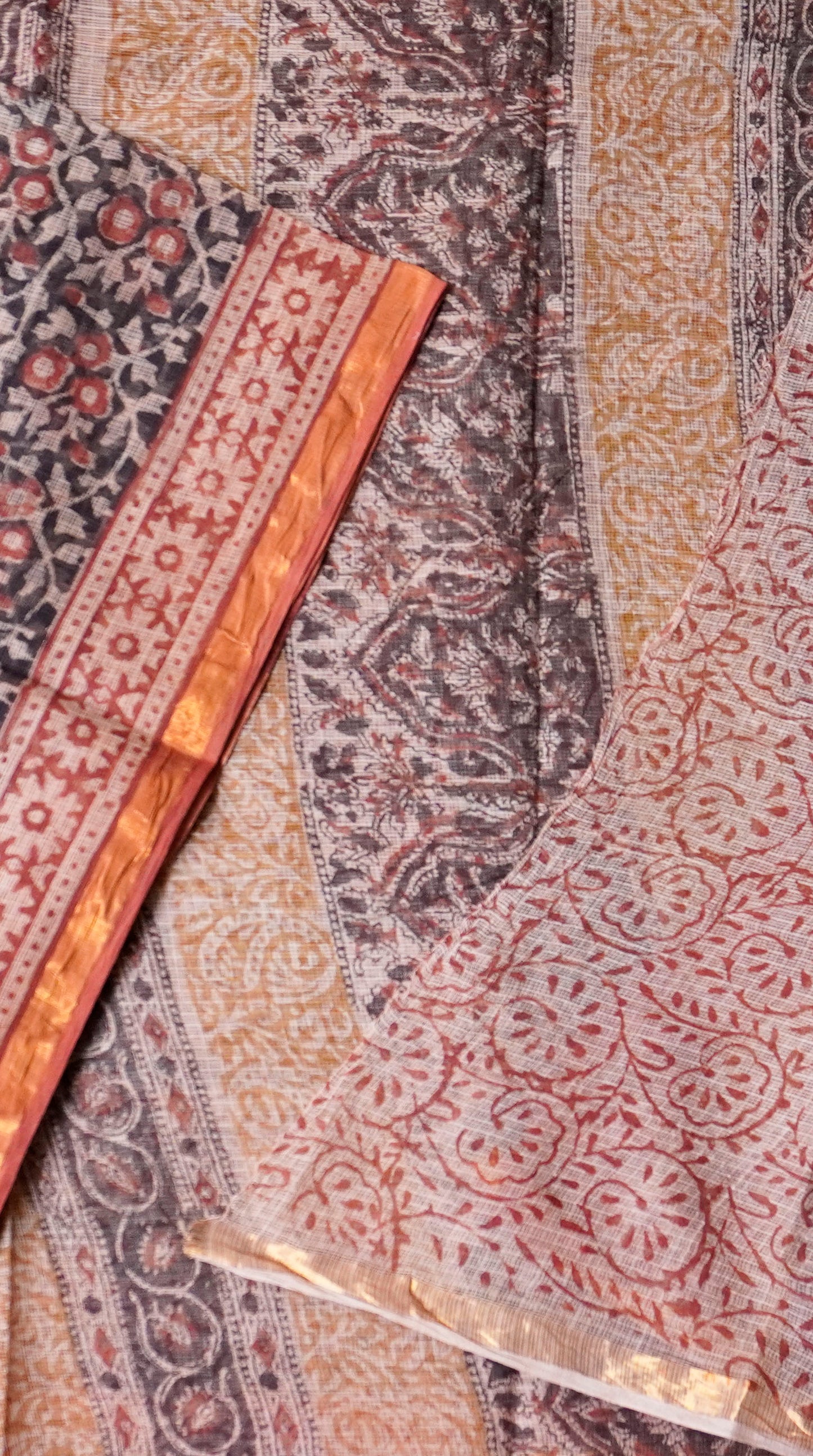 Deep Maroon & Black with Botanical Block Print Kota Doria Saree