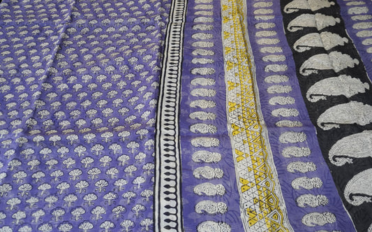 Purple Block Printed Chanderi Cotton Saree With Floral Motifs