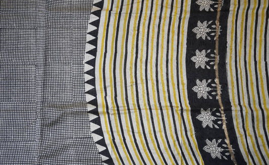 Black and Cream Checks Block Printed Chanderi Cotton Saree