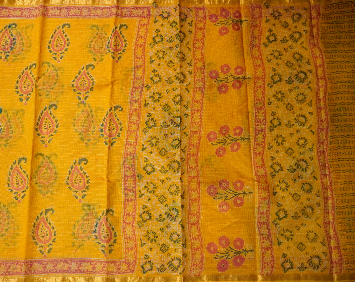 Mustard Yellow Kota Doria Saree with Handblock Paisley Motifs