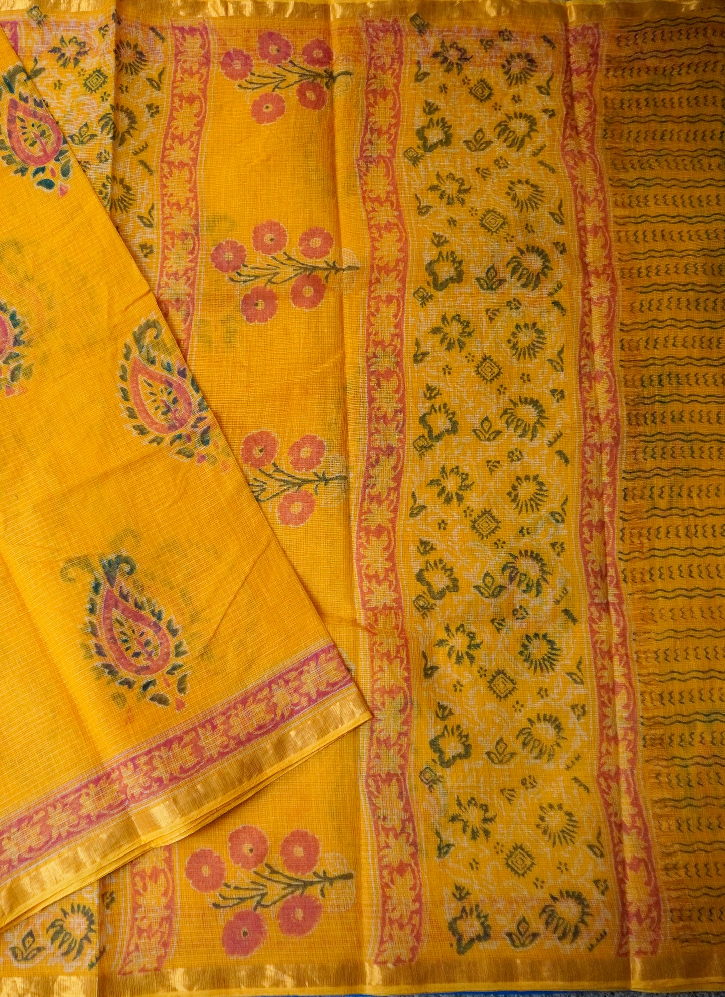 Mustard Yellow Kota Doria Saree with Handblock Paisley Motifs