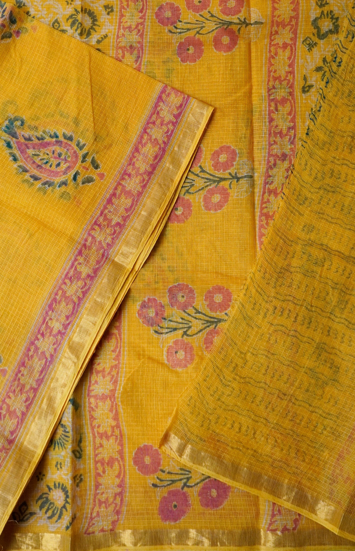 Mustard Yellow Kota Doria Saree with Handblock Paisley Motifs