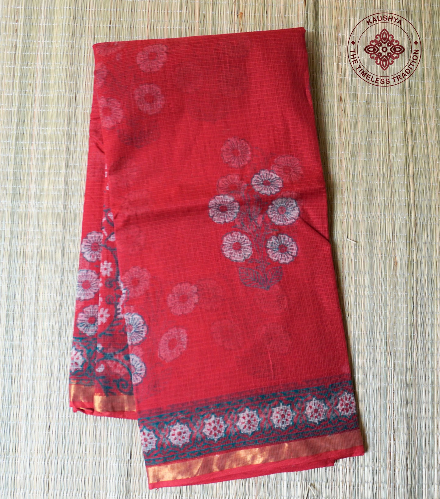 Red Kota Doria Saree with Handblock Floral Bunch and Contrast Woven Border
