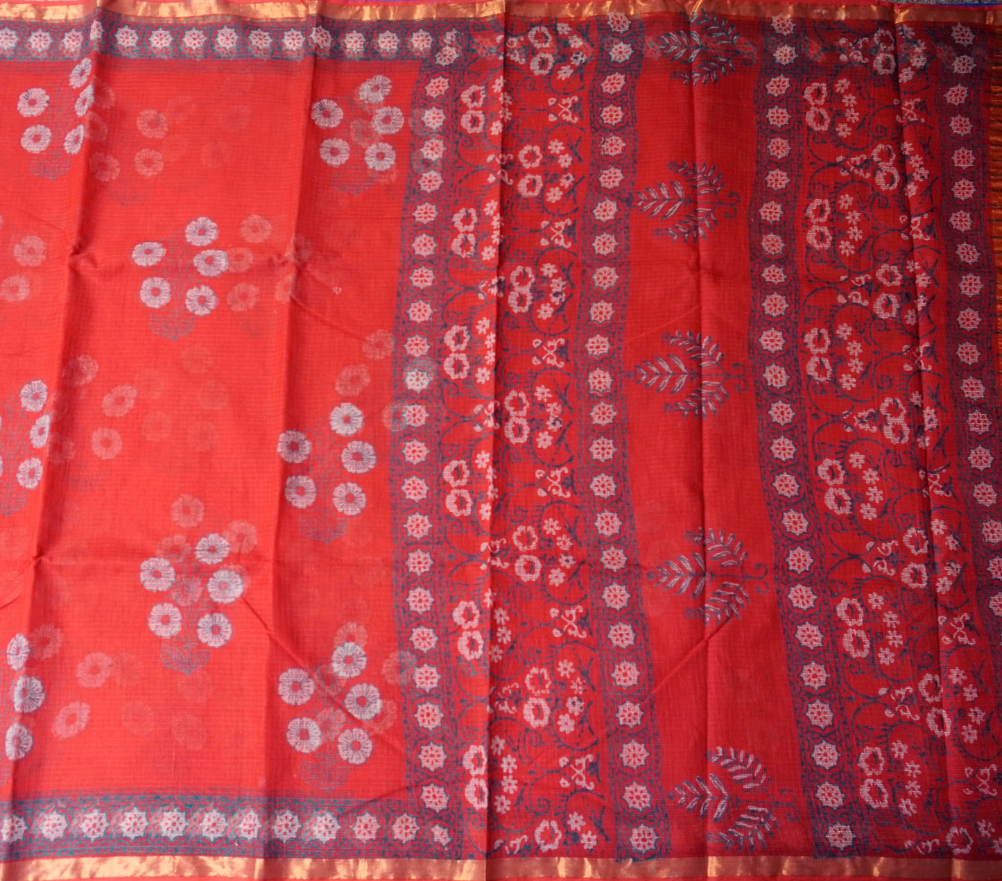 Red Kota Doria Saree with Handblock Floral Bunch and Contrast Woven Border