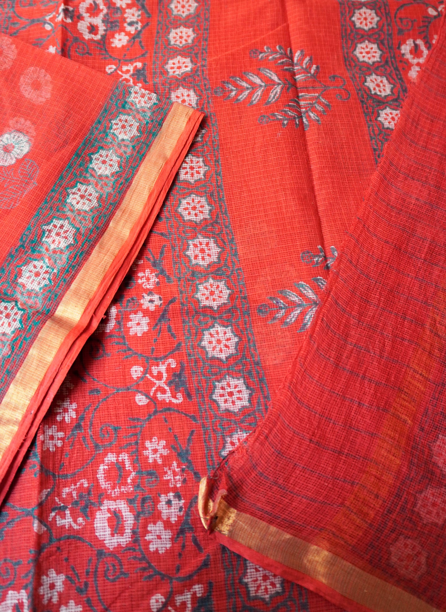 Red Kota Doria Saree with Handblock Floral Bunch and Contrast Woven Border