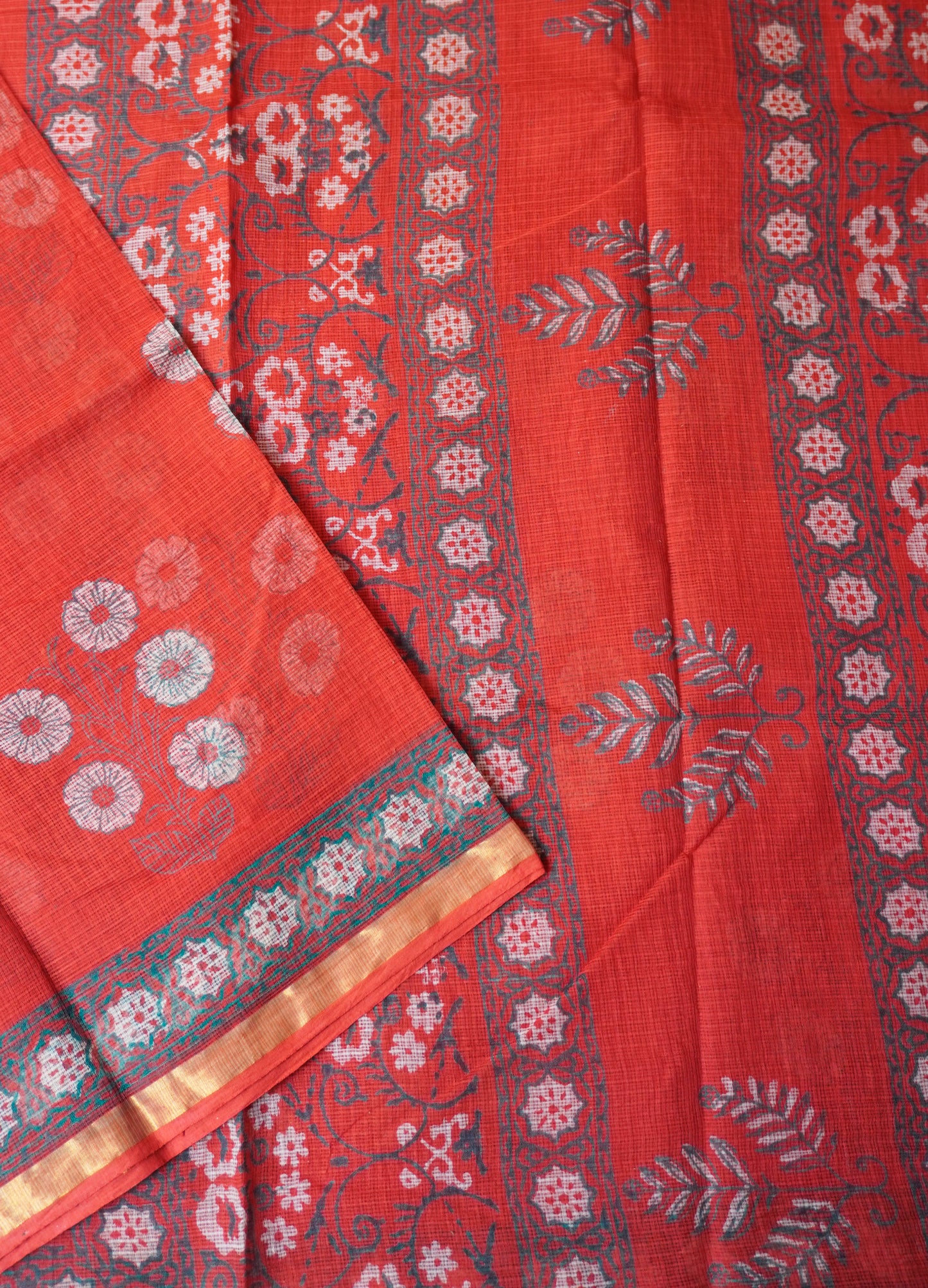 Red Kota Doria Saree with Handblock Floral Bunch and Contrast Woven Border