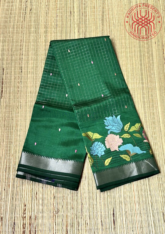 Emerald Green Handloom Mangalagiri Silk Cotton Saree with Floral Embroidery