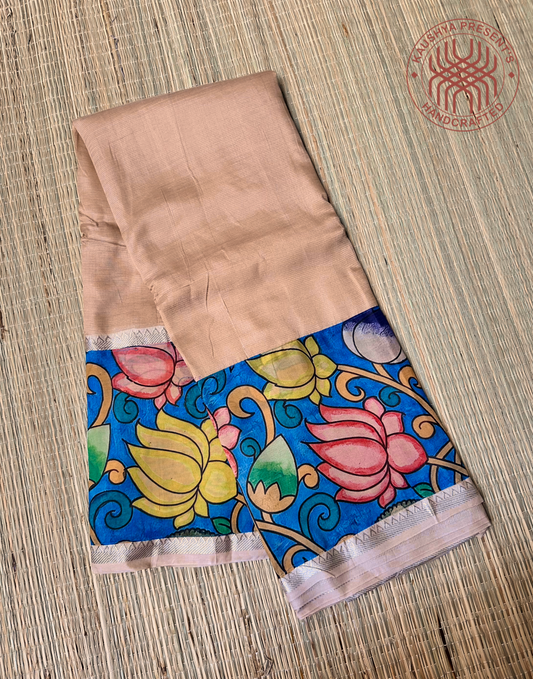 Ivory Handloom Mangalagiri Silk Cotton Saree with Kalamkari Print Applique Border