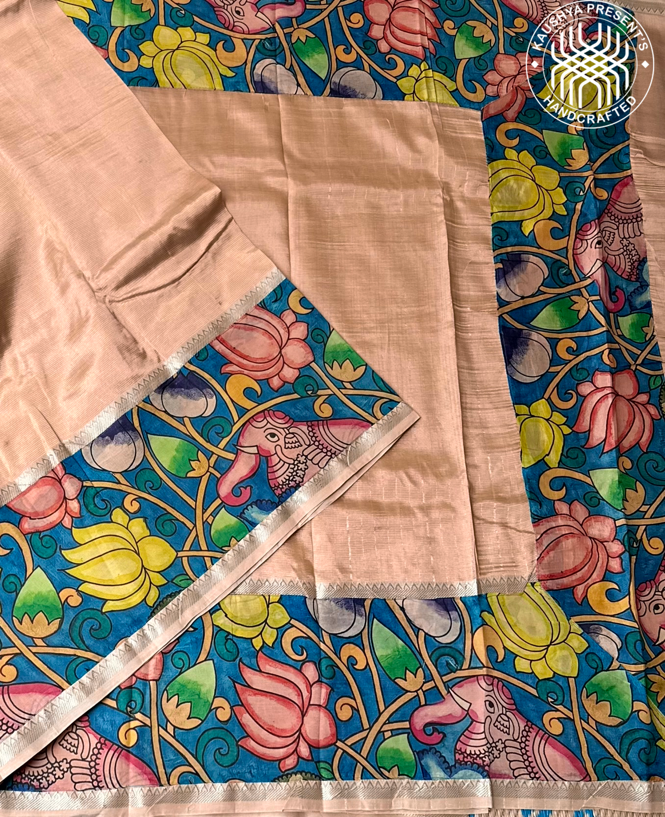 Ivory Handloom Mangalagiri Silk Cotton Saree with Kalamkari Print Applique Border