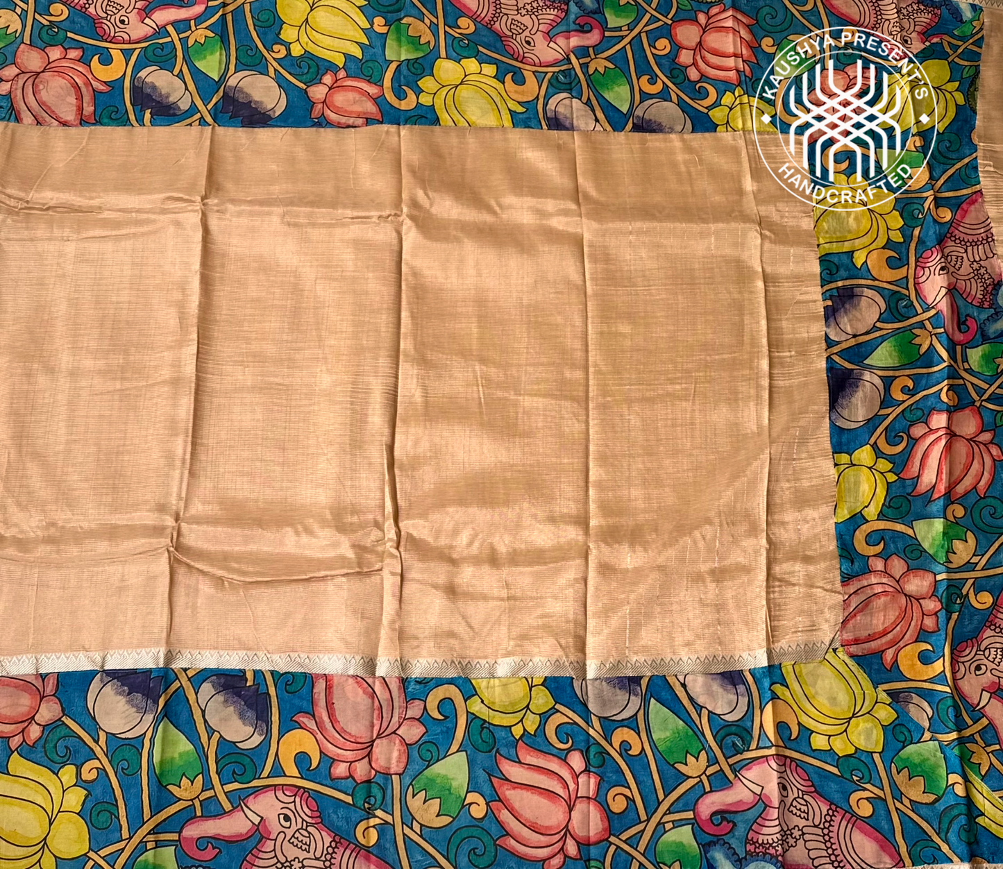 Ivory Handloom Mangalagiri Silk Cotton Saree with Kalamkari Print Applique Border