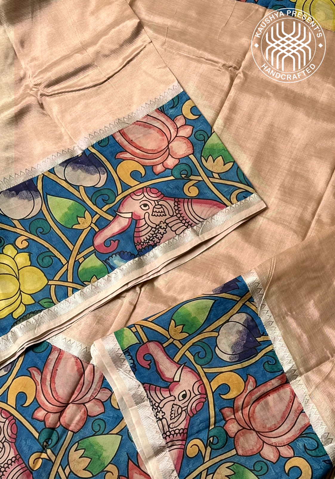 Ivory Handloom Mangalagiri Silk Cotton Saree with Kalamkari Print Applique Border