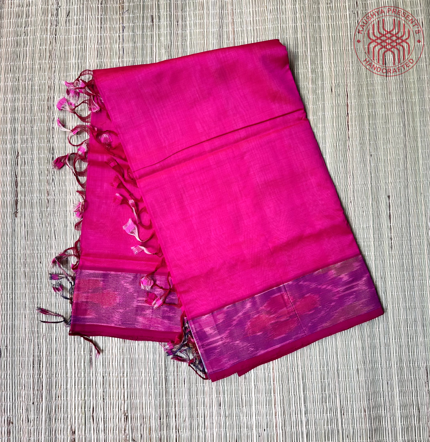 Magenta Pink & Off-White Handloom Venkatagiri Silk Cotton Saree  with Zari Pochampally Border