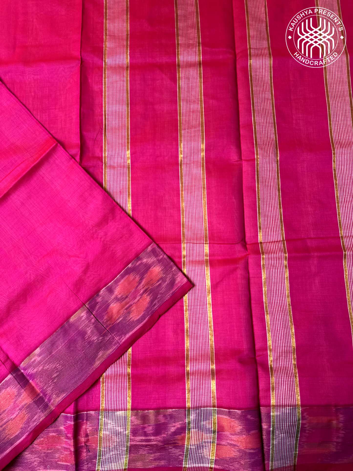 Magenta Pink & Off-White Handloom Venkatagiri Silk Cotton Saree  with Zari Pochampally Border