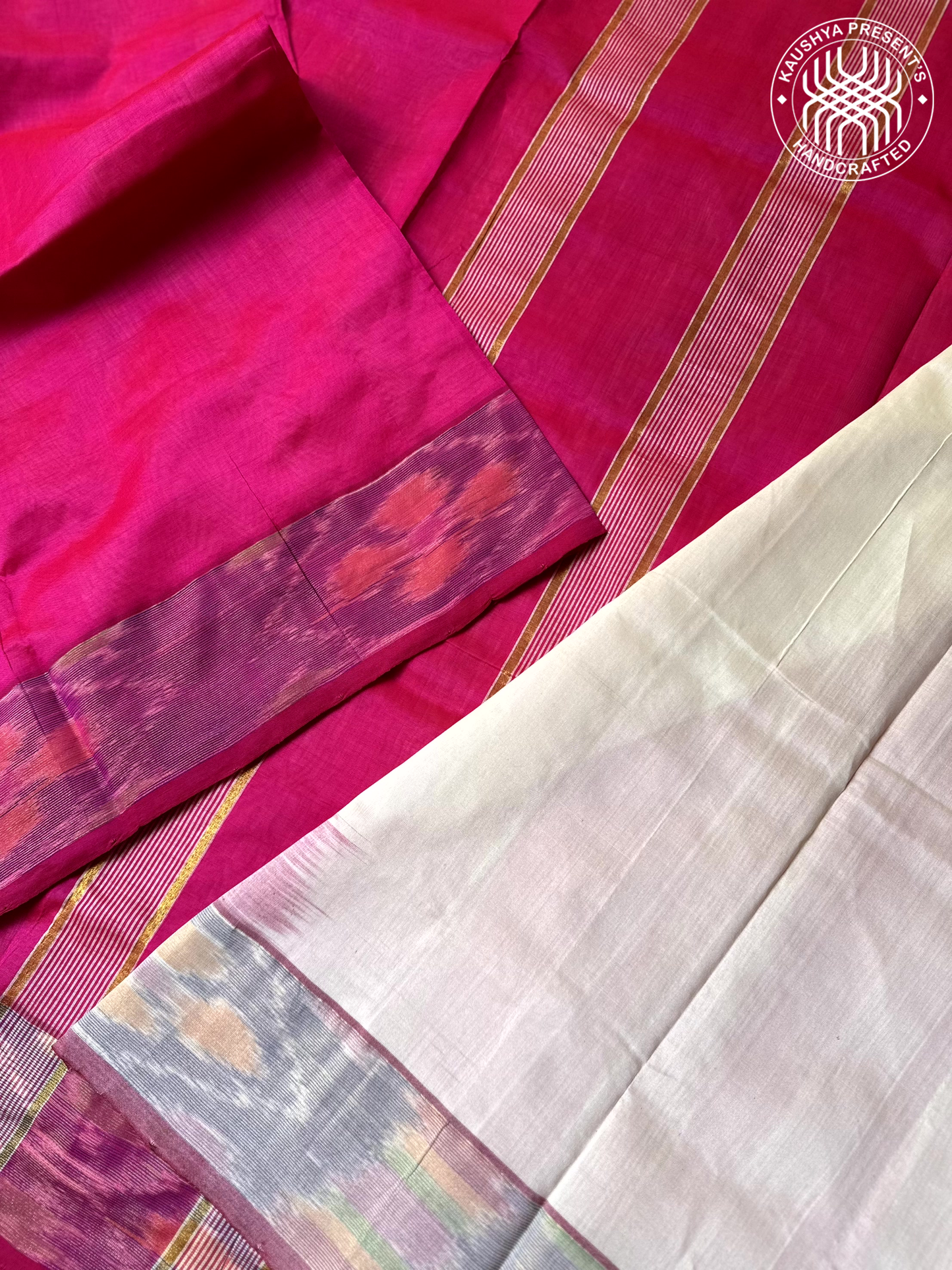 Magenta Pink & Off-White Handloom Venkatagiri Silk Cotton Saree  with Zari Pochampally Border