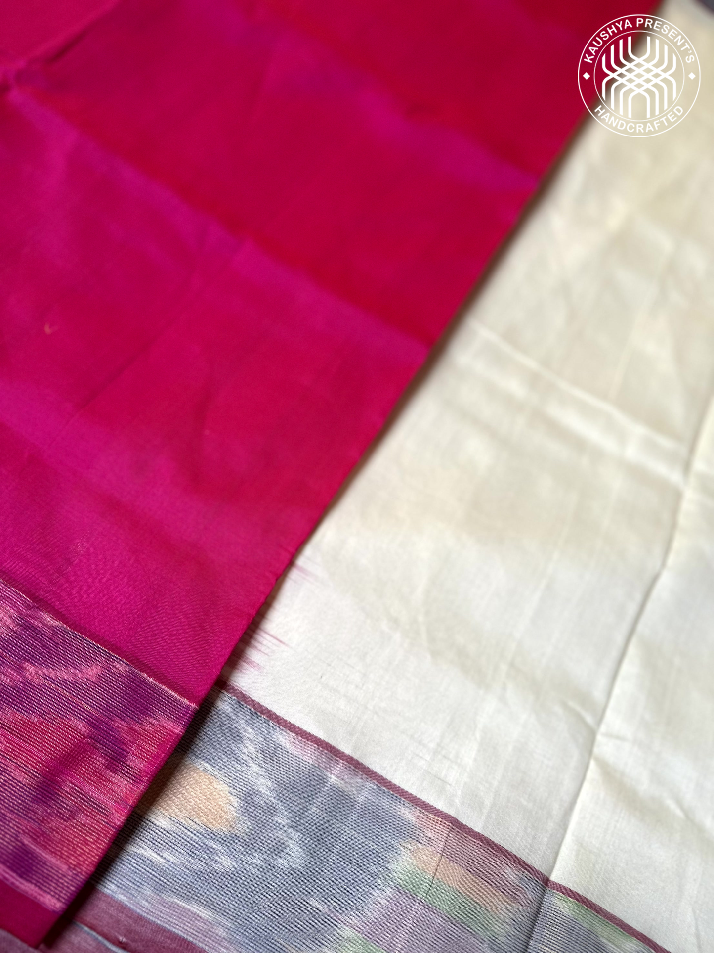Magenta Pink & Off-White Handloom Venkatagiri Silk Cotton Saree  with Zari Pochampally Border