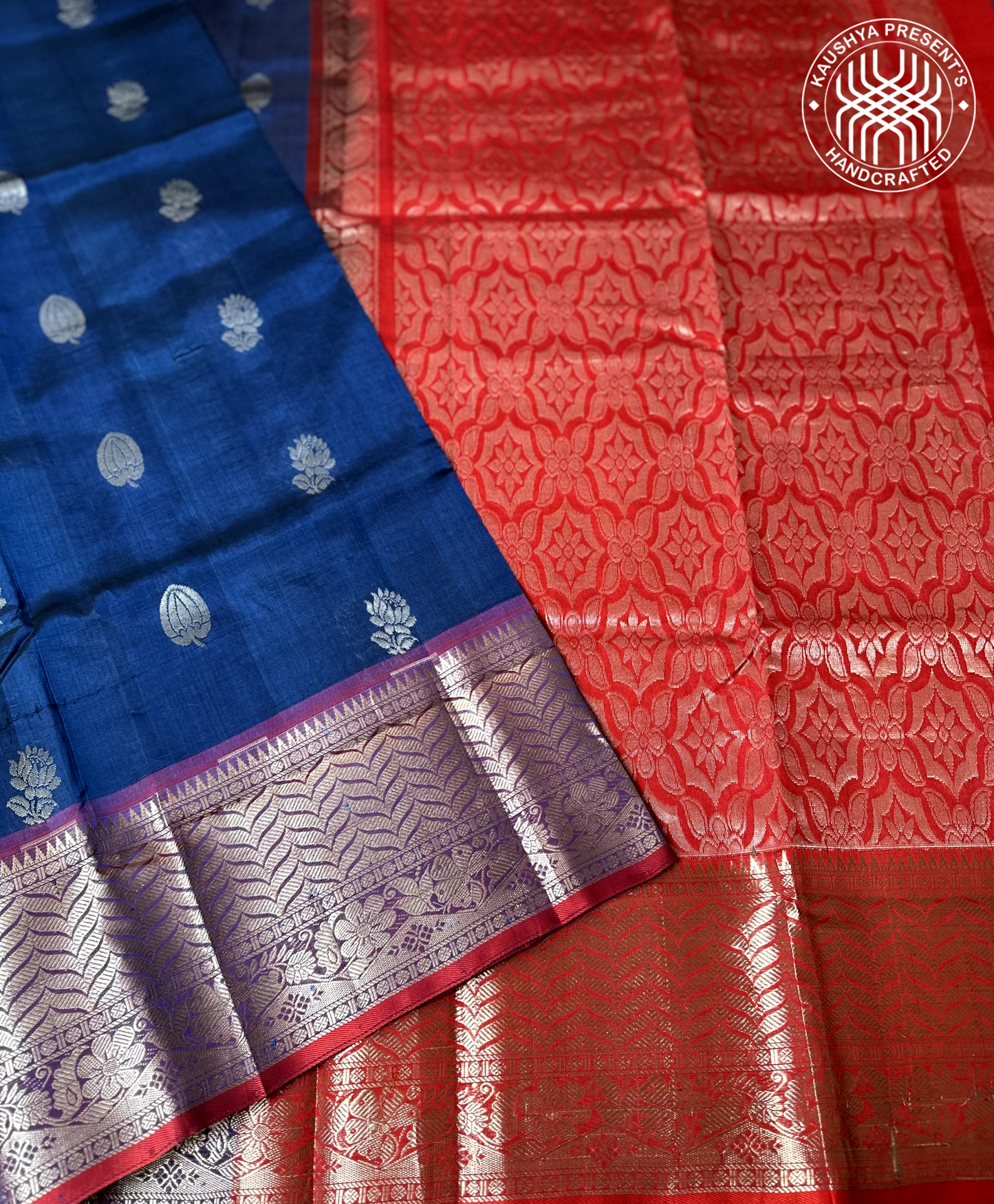 Blue & Red Handloom Mangalagiri Kuppadam Silk Cotton Saree