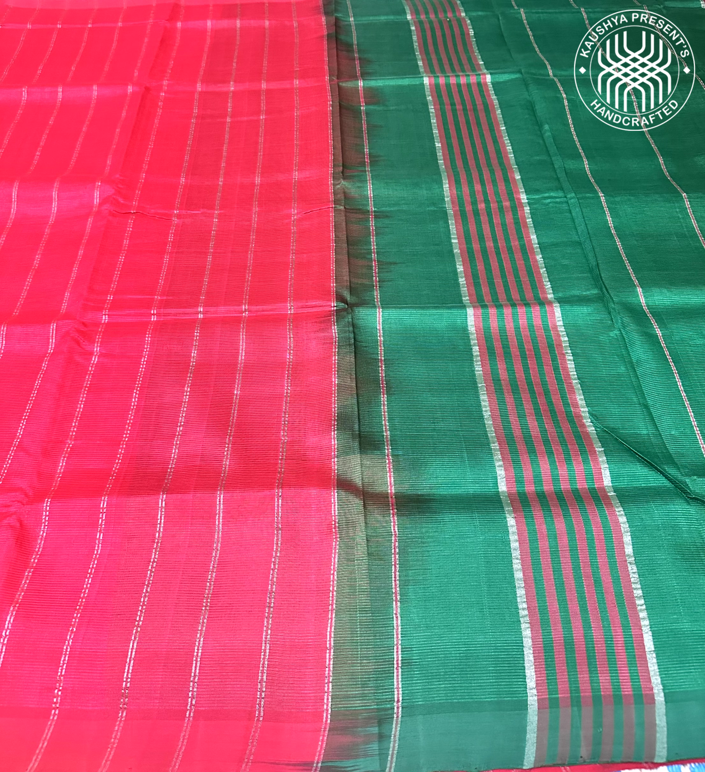 Red & Green Plain Handloom Mangalagiri Silk Cotton Saree