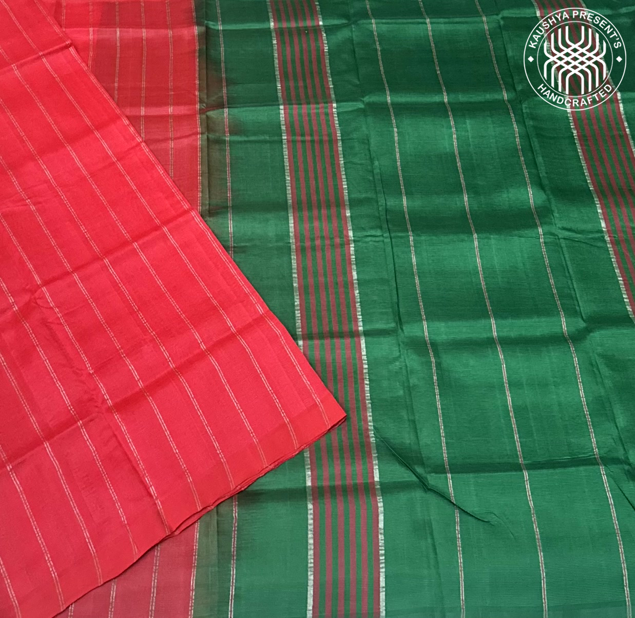 Red & Green Plain Handloom Mangalagiri Silk Cotton Saree