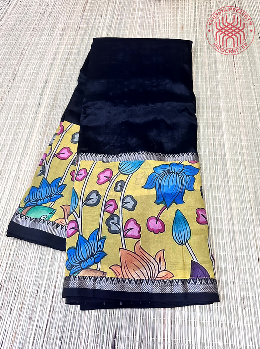 Black & Yellow Handloom Mangalagiri Silk Cotton Saree  with Kalamkari Print Applique Border