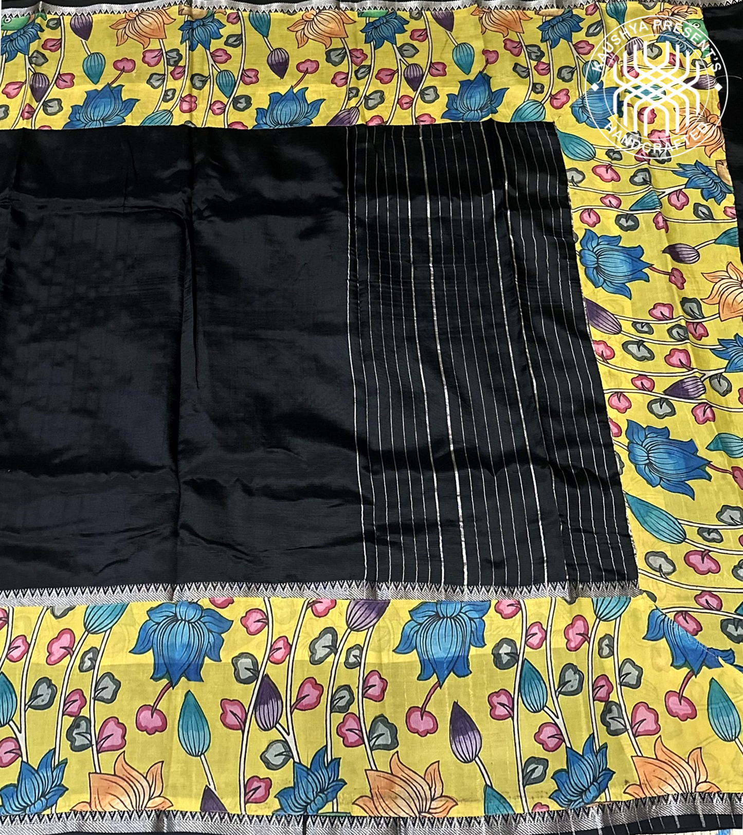 Black & Yellow Handloom Mangalagiri Silk Cotton Saree with Kalamkari Print Applique Border