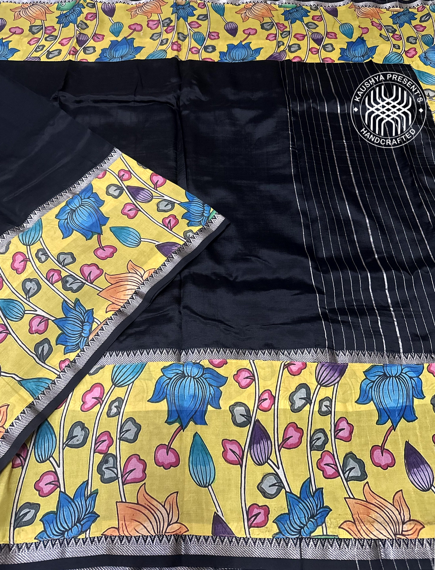 Black & Yellow Handloom Mangalagiri Silk Cotton Saree with Kalamkari Print Applique Border