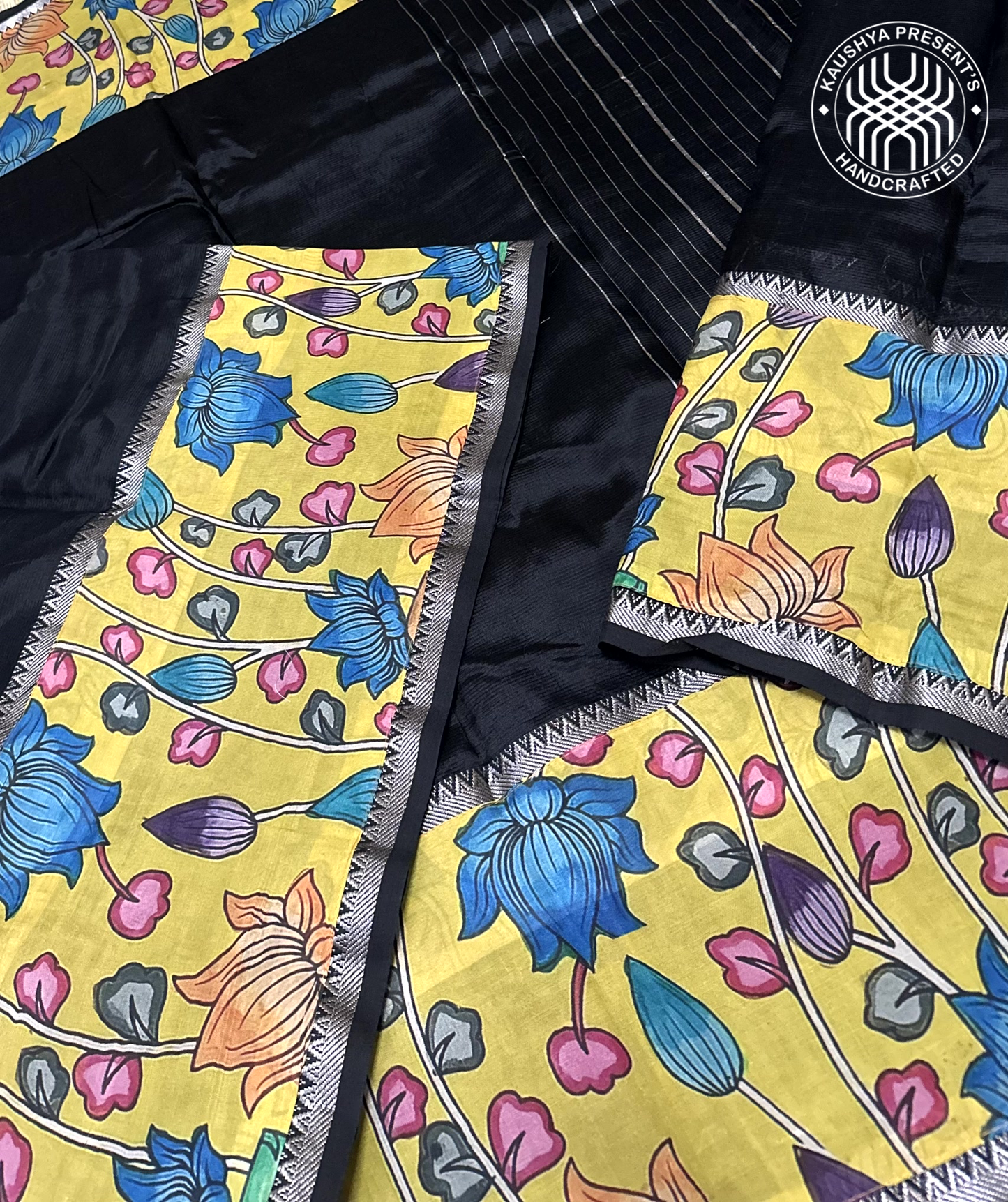 Black & Yellow Handloom Mangalagiri Silk Cotton Saree with Kalamkari Print Applique Border