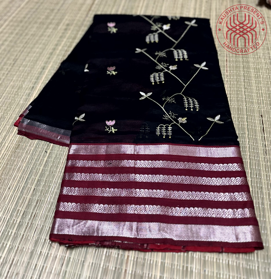 Black & Maroon Red Handloom Mangalagiri Silk Cotton Saree With Floral Embroidery