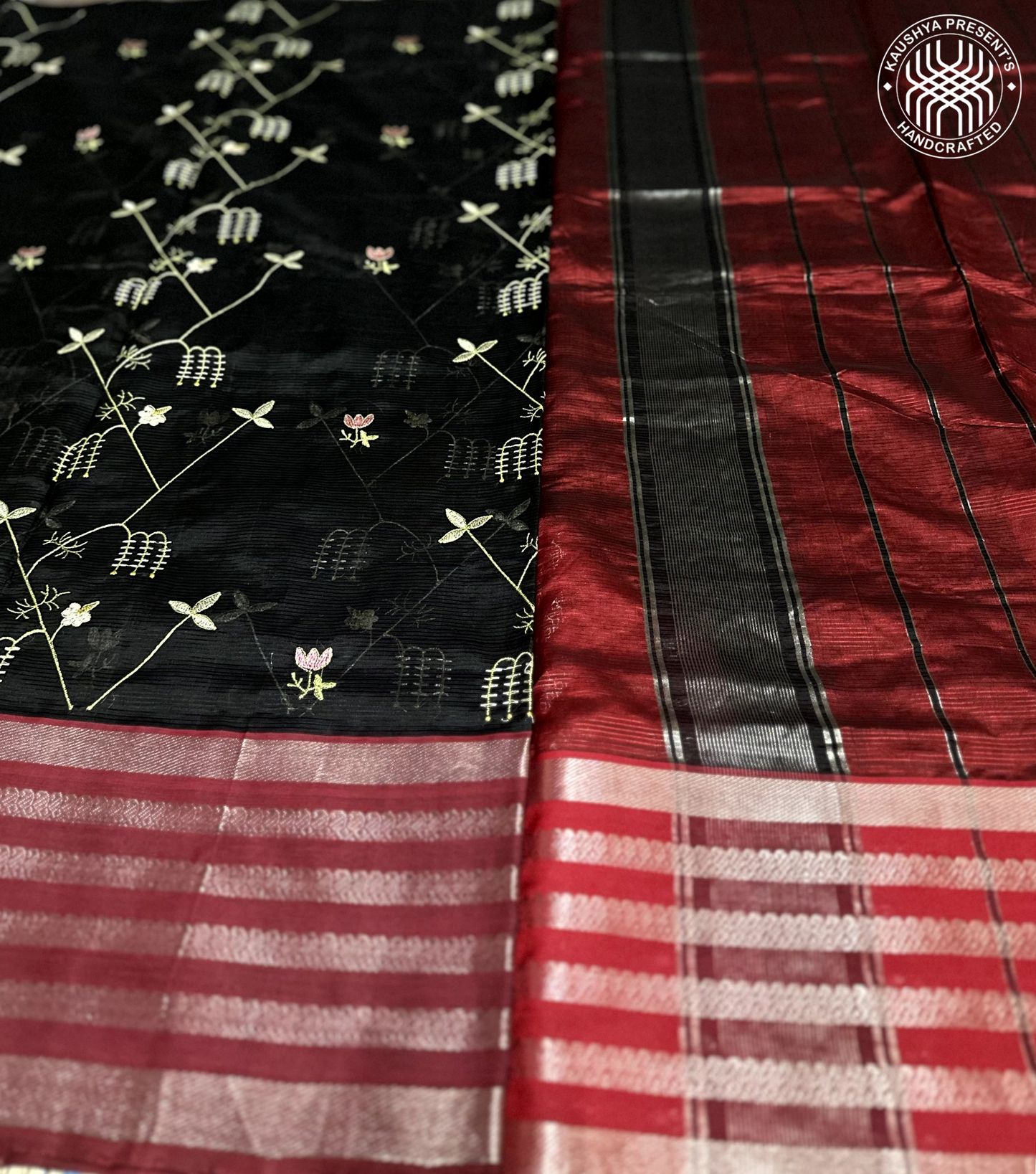 Black & Maroon Red Handloom Mangalagiri Silk Cotton Saree With Floral Embroidery