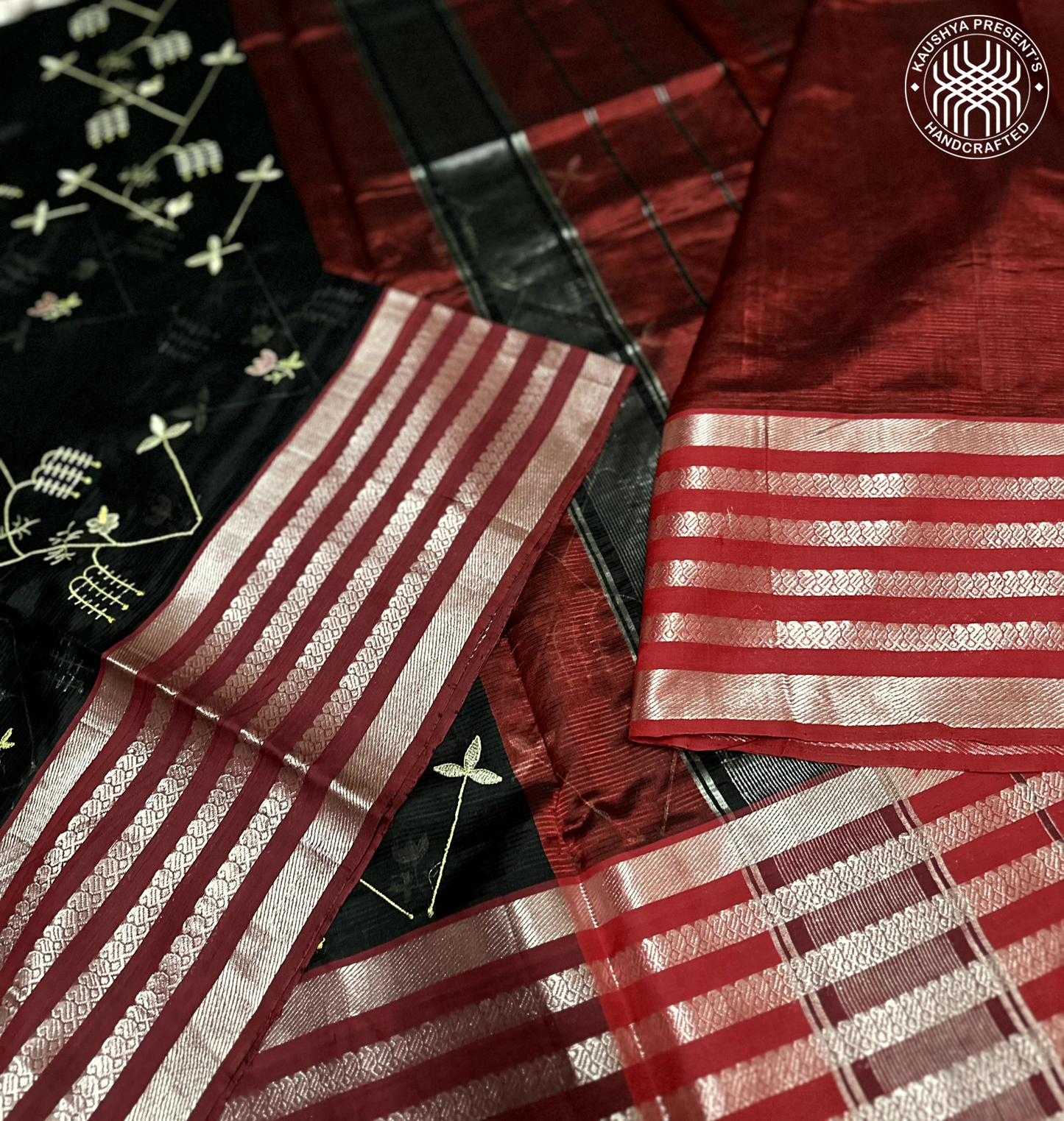 Black & Maroon Red Handloom Mangalagiri Silk Cotton Saree With Floral Embroidery