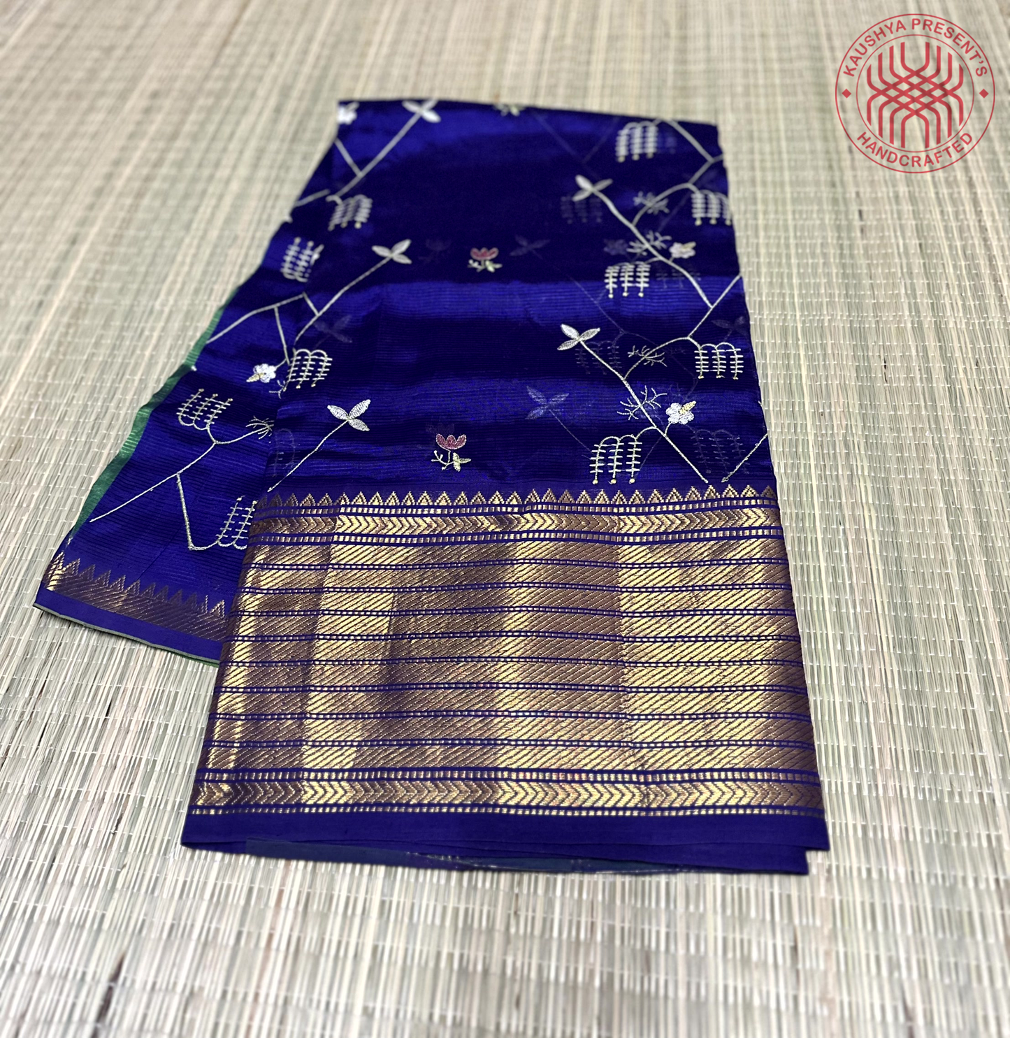 Royal Blue & Bottle Green Handloom Mangalagiri Silk Cotton Saree