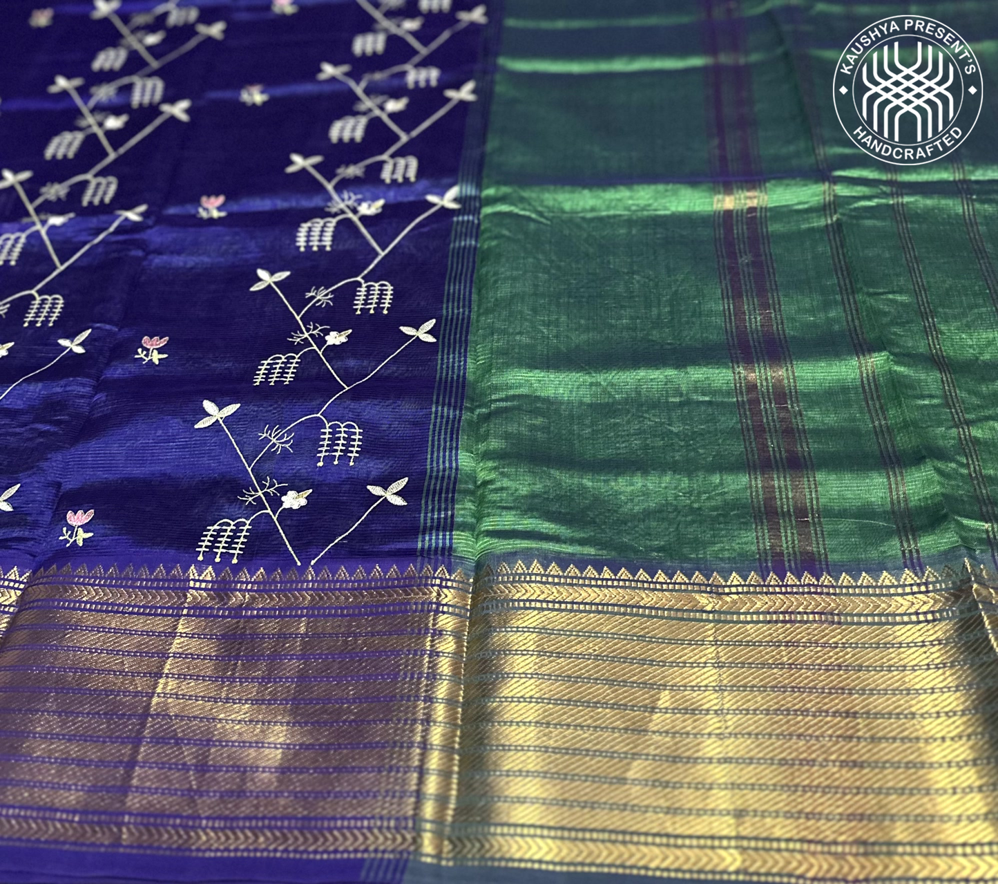 Royal Blue & Bottle Green Handloom Mangalagiri Silk Cotton Saree
