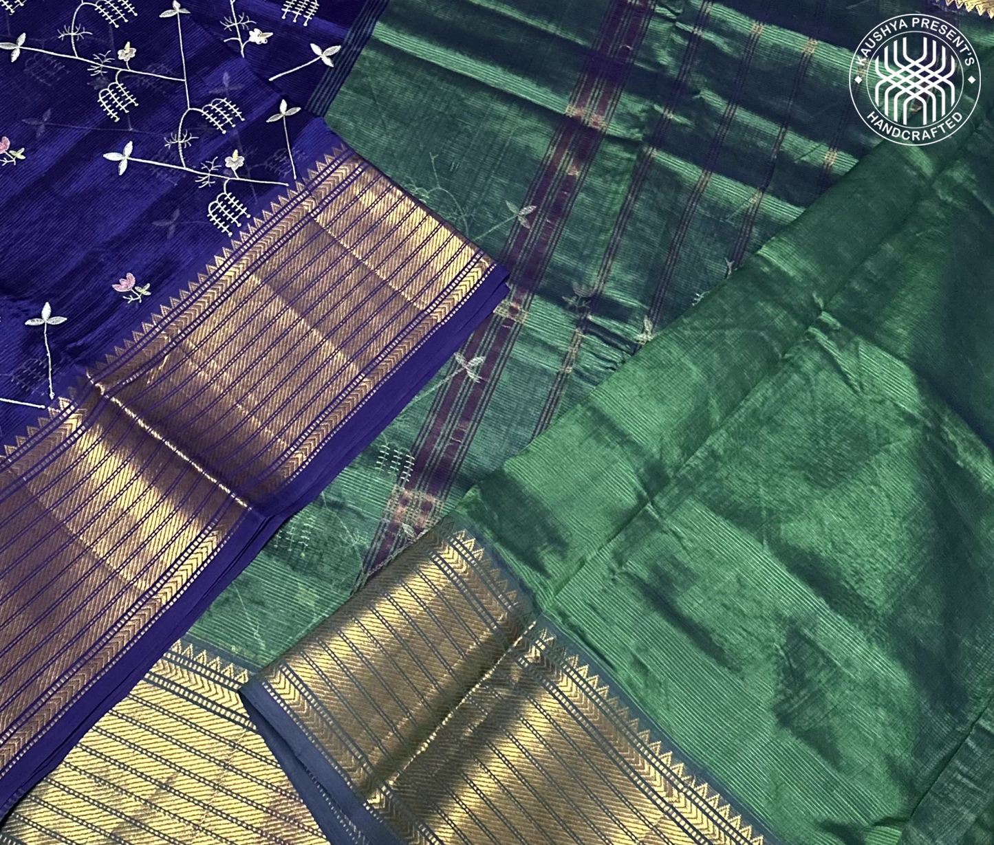 Royal Blue & Bottle Green Handloom Mangalagiri Silk Cotton Saree