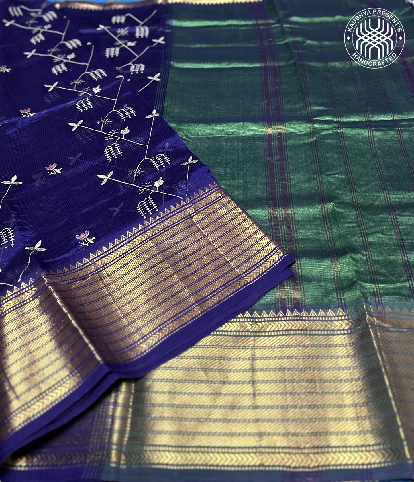 Royal Blue & Bottle Green Handloom Mangalagiri Silk Cotton Saree