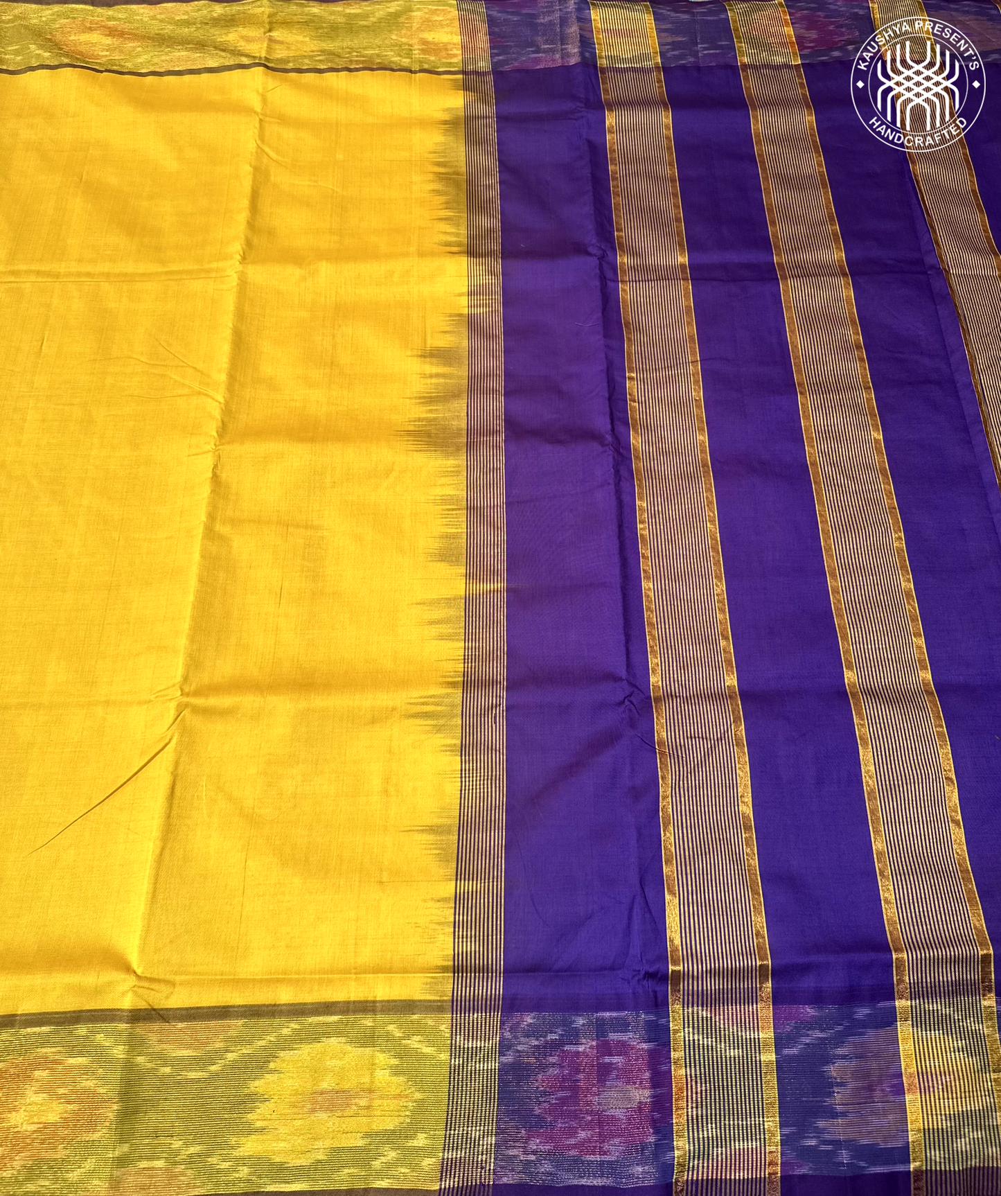 Yellow & Royal Purple Handloom Venkatagiri Silk Cotton Saree with Zari Pochampally Border