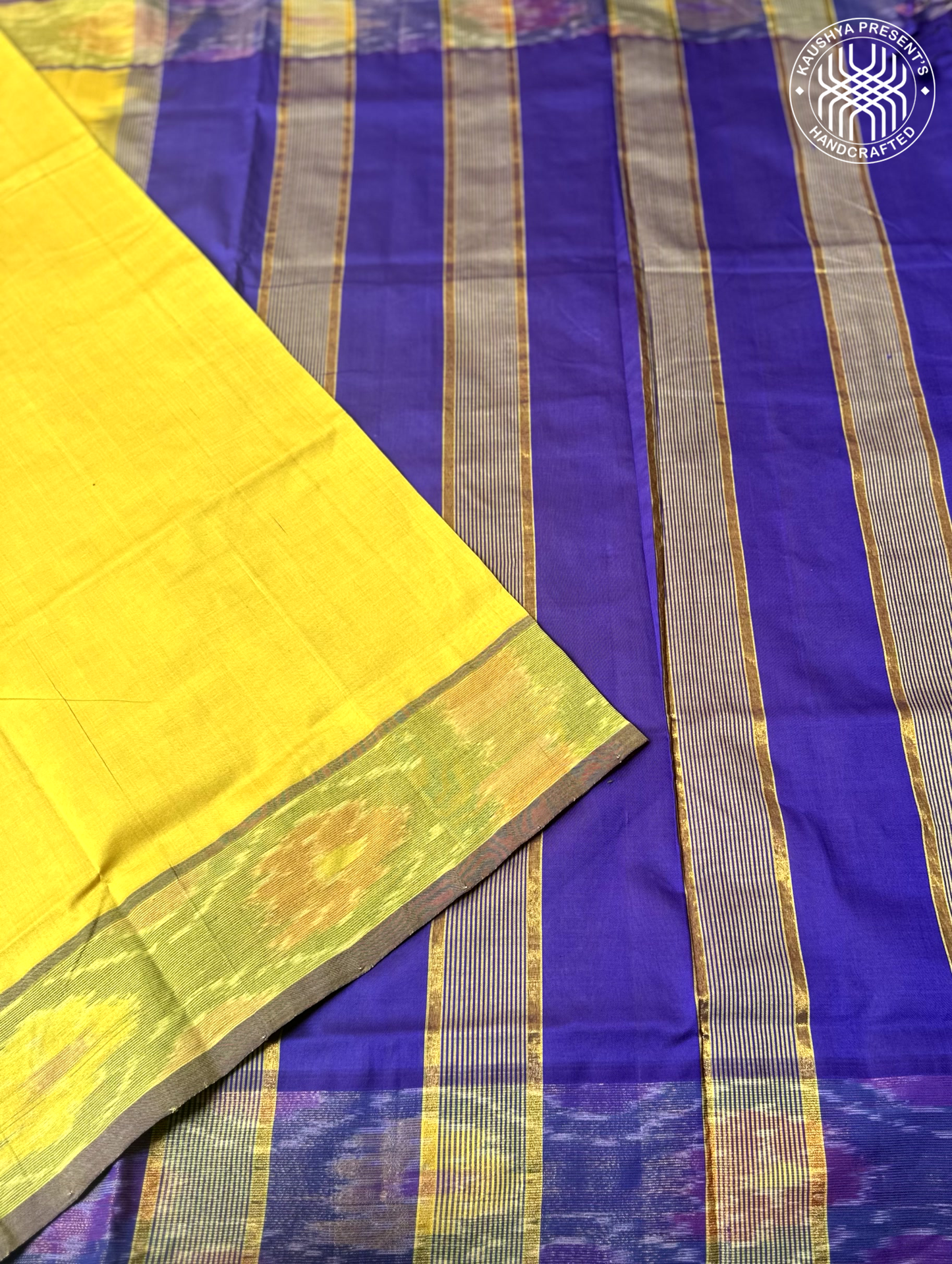 Yellow & Royal Purple Handloom Venkatagiri Silk Cotton Saree with Zari Pochampally Border