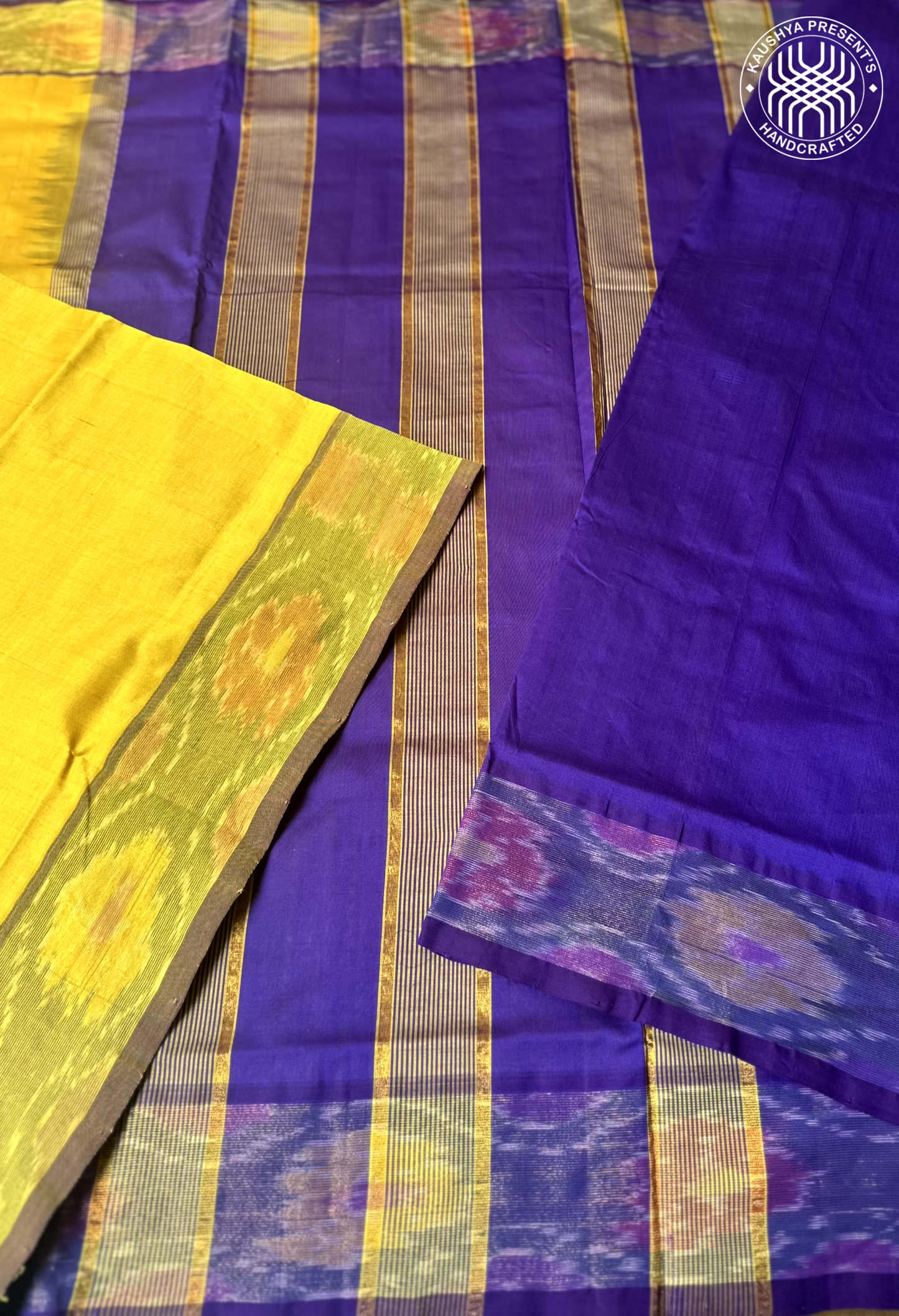 Yellow & Royal Purple Handloom Venkatagiri Silk Cotton Saree with Zari Pochampally Border