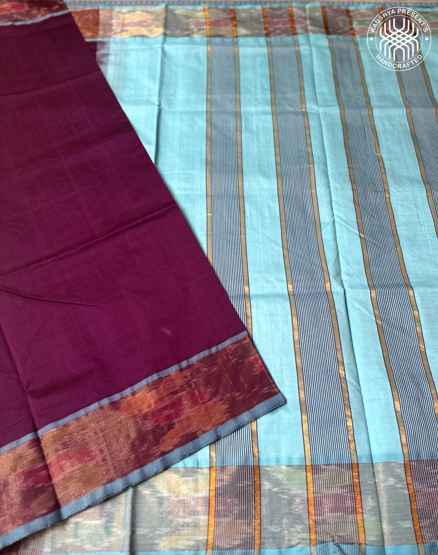 Sky Blue & Purple Handloom Venkatagiri Silk Cotton Saree  with Zari Pochampally Border