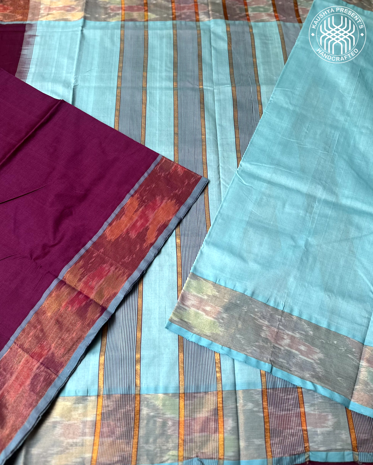 Sky Blue & Purple Handloom Venkatagiri Silk Cotton Saree  with Zari Pochampally Border