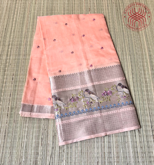 Peach & Silver Grey Handloom Mangalagiri Silk Cotton Saree With Embroidery