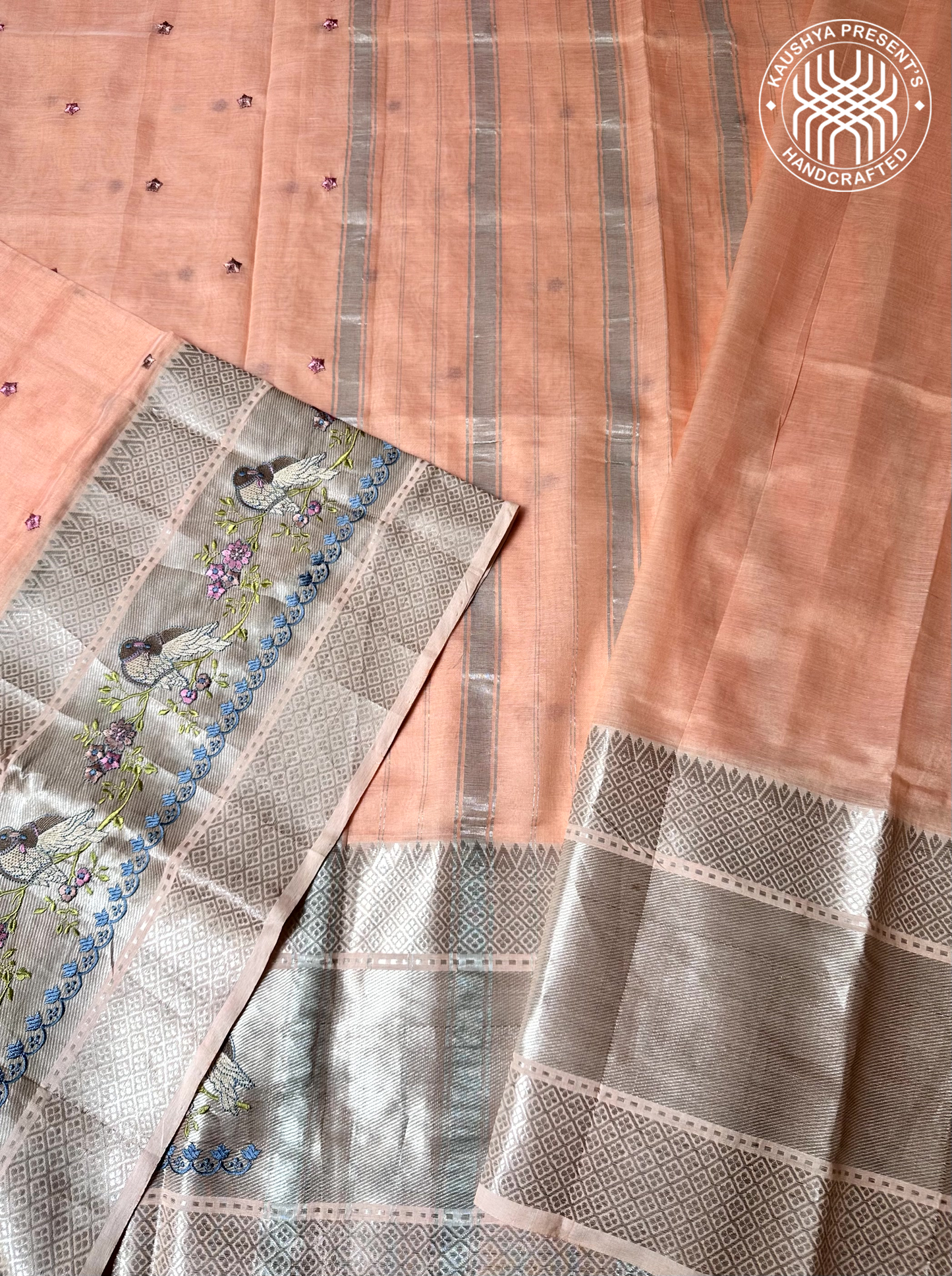 Peach & Silver Grey Handloom Mangalagiri Silk Cotton Saree With Embroidery