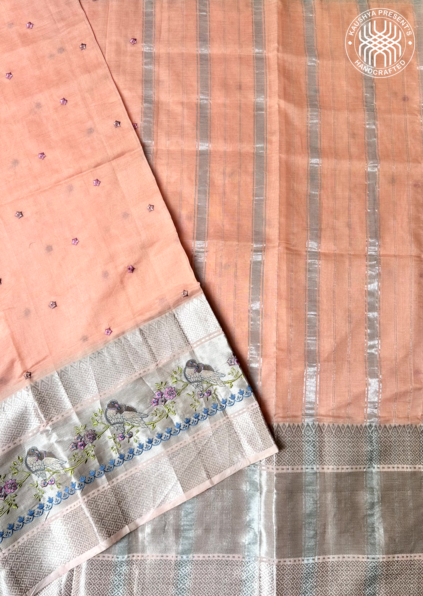 Peach & Silver Grey Handloom Mangalagiri Silk Cotton Saree With Embroidery
