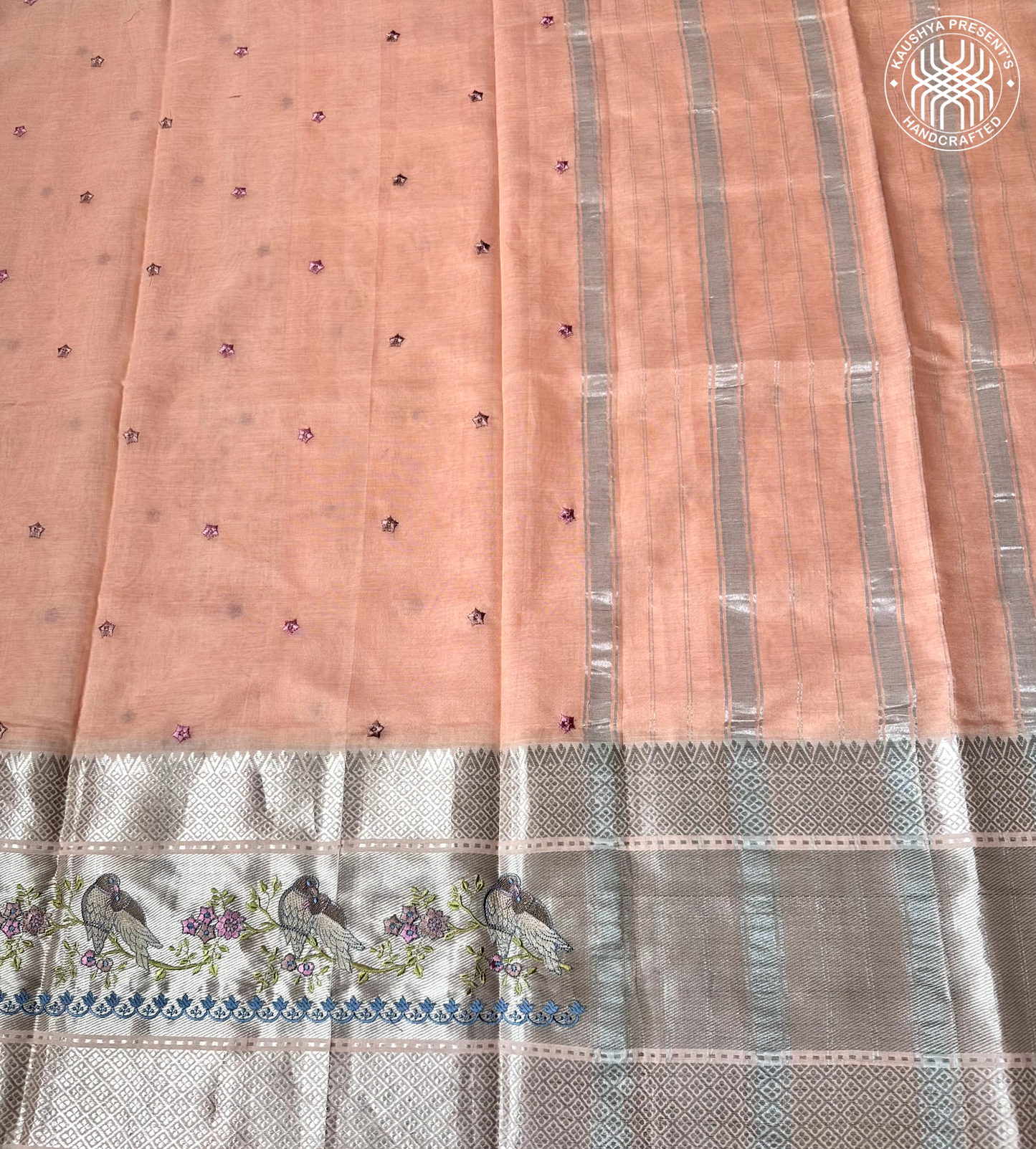 Peach & Silver Grey Handloom Mangalagiri Silk Cotton Saree With Embroidery