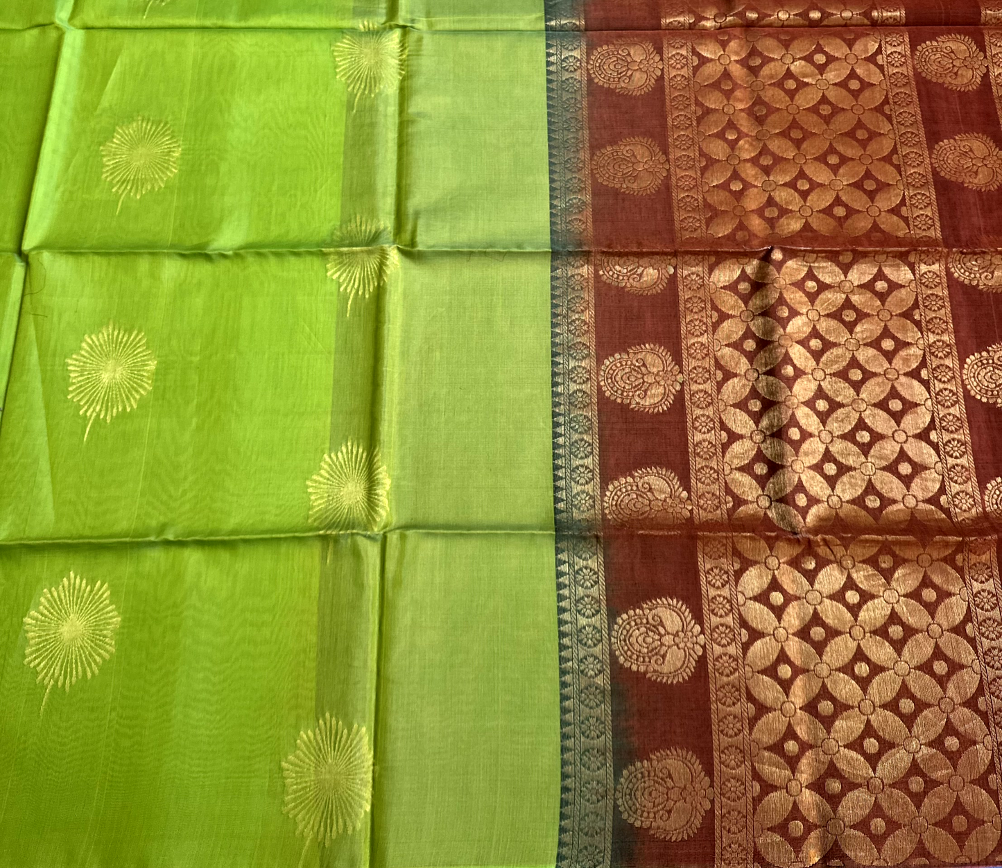 Lime Green & Brown Kanchi Soft Silk Cotton Saree