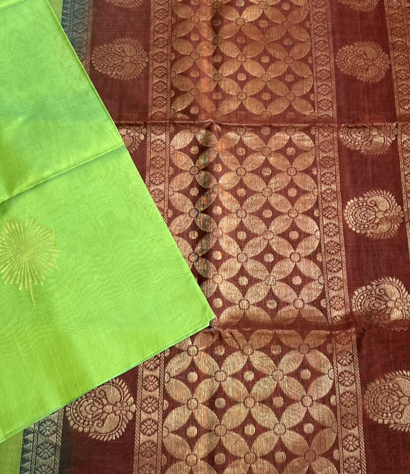 Lime Green & Brown Kanchi Soft Silk Cotton Saree