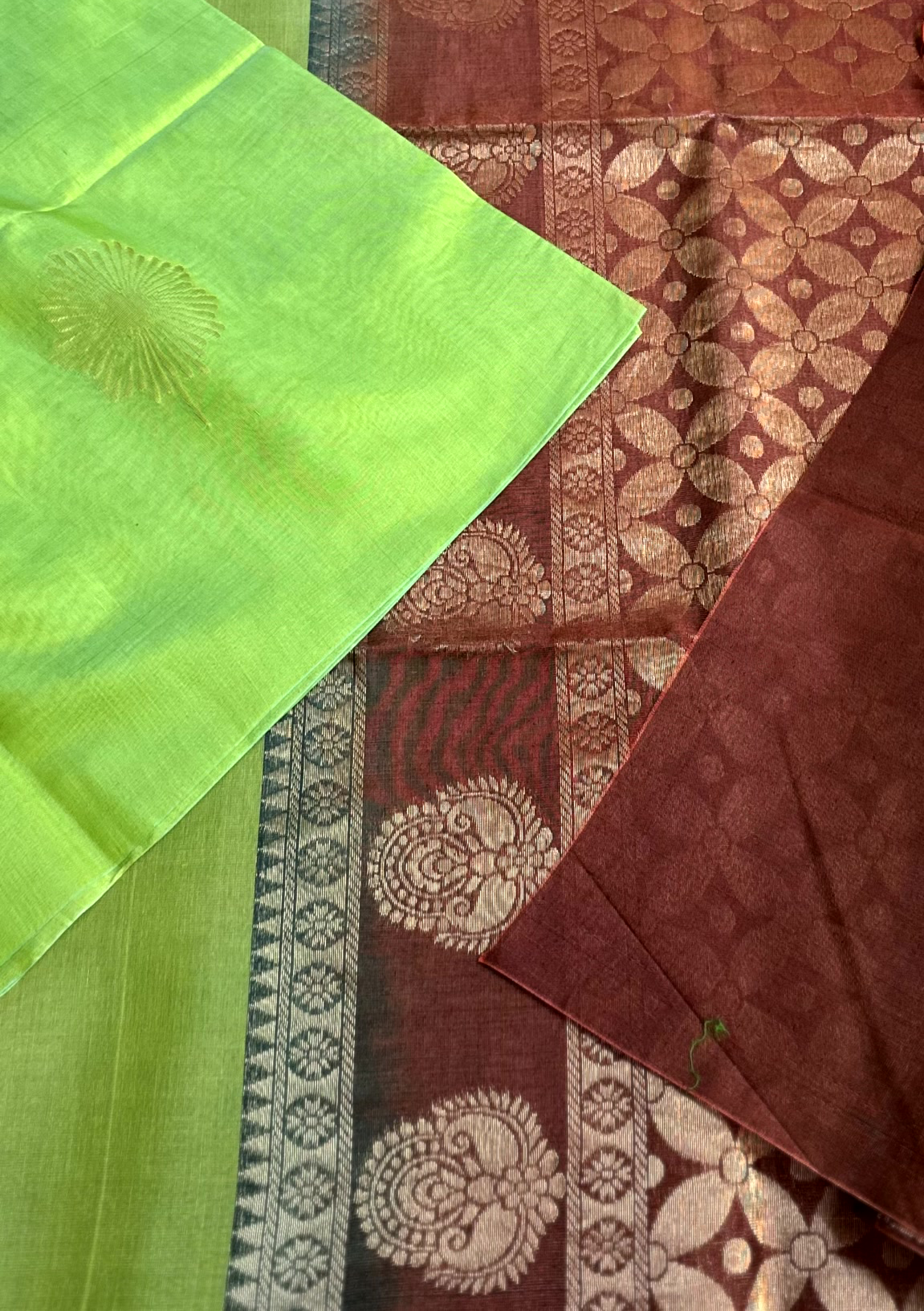 Lime Green & Brown Kanchi Soft Silk Cotton Saree