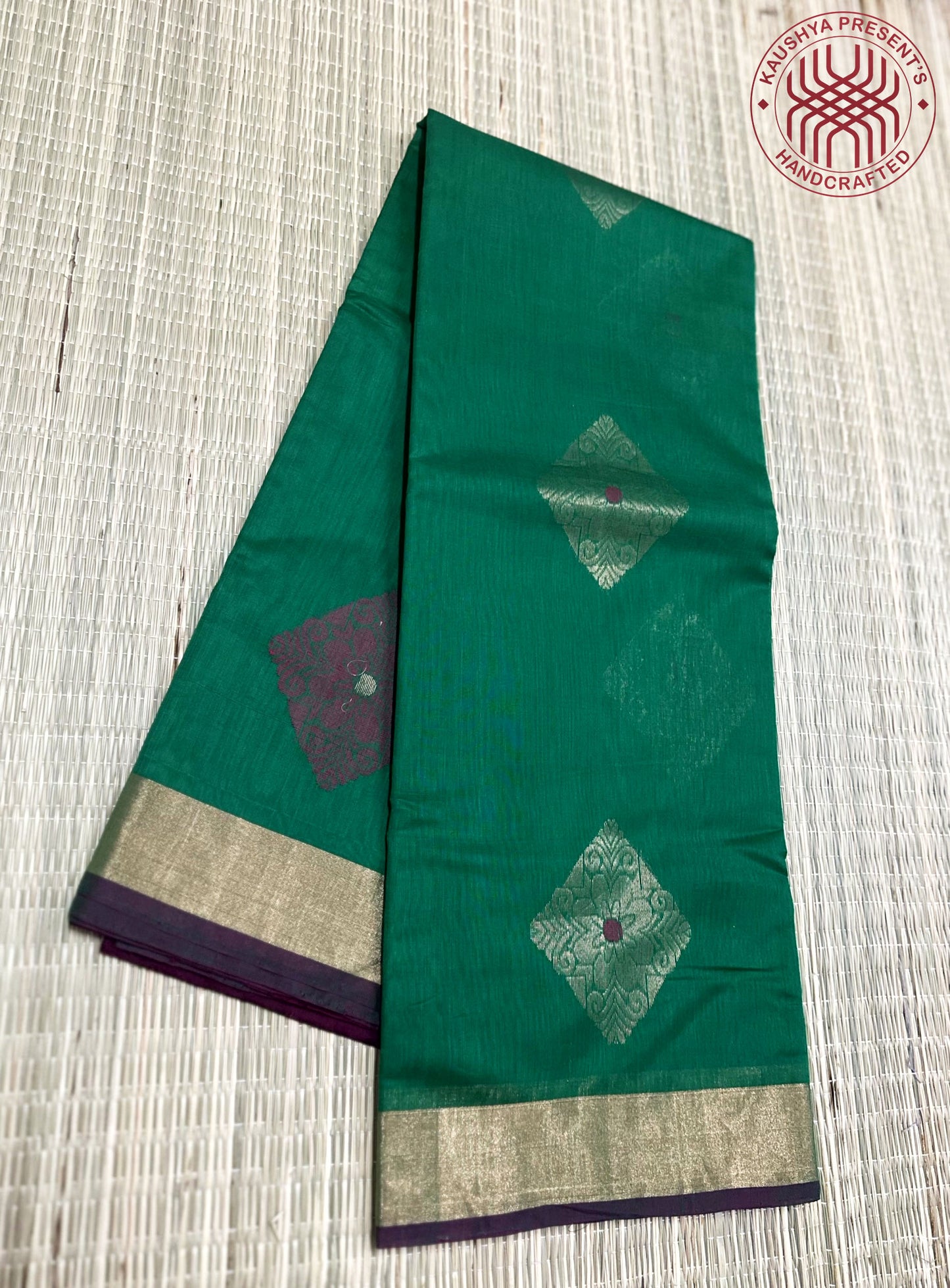 Dark Green Kanchi Soft Silk Cotton Saree with Purple Edging
