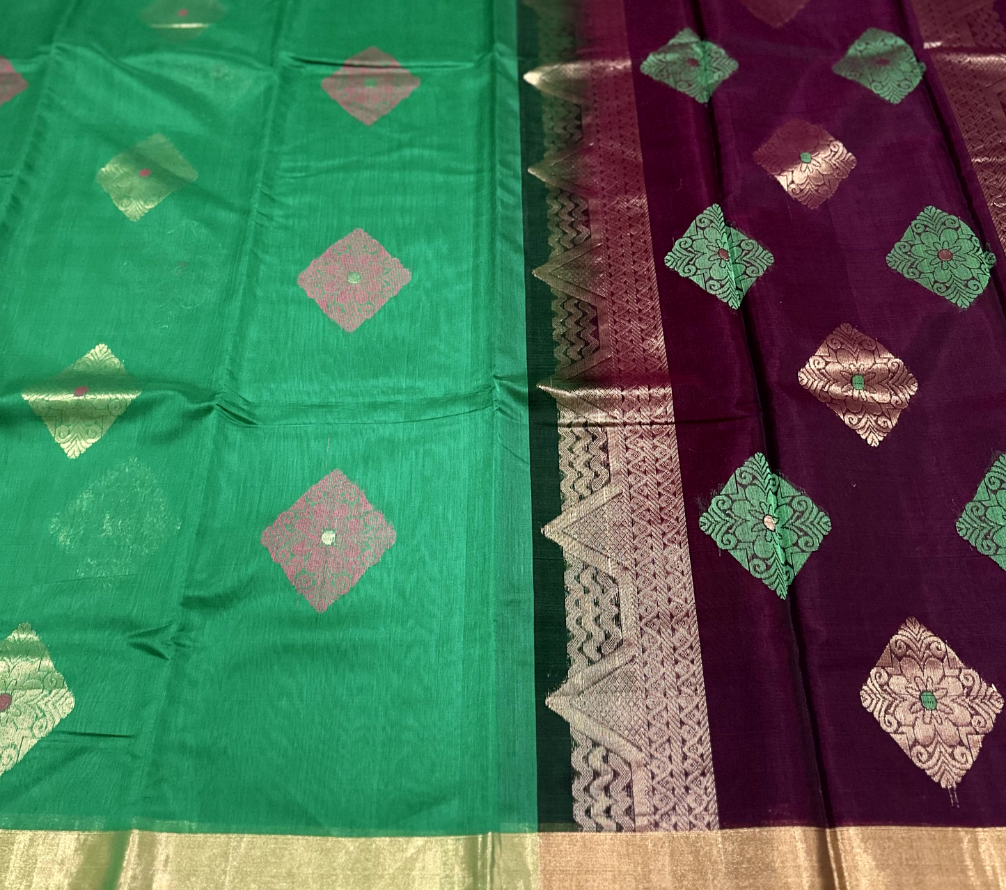 Dark Green Kanchi Soft Silk Cotton Saree with Purple Edging