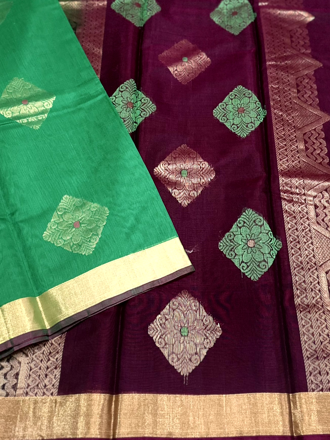 Dark Green Kanchi Soft Silk Cotton Saree with Purple Edging