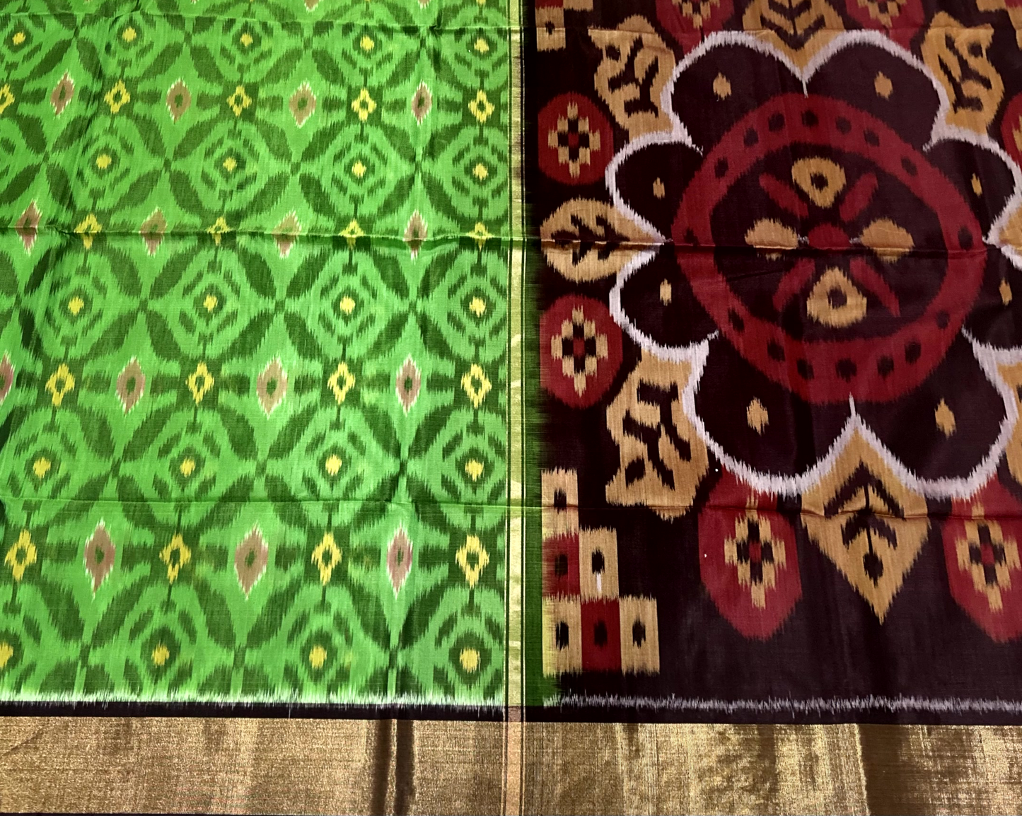 Green & Brown Pochampally Ikat Silk Cotton Saree