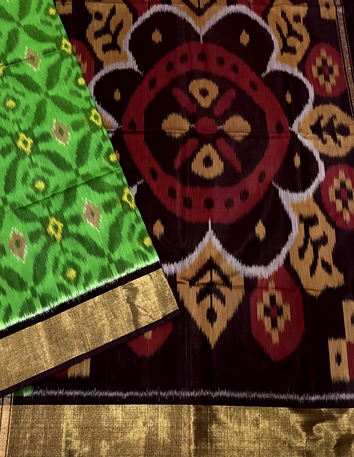 Green & Brown Pochampally Ikat Silk Cotton Saree